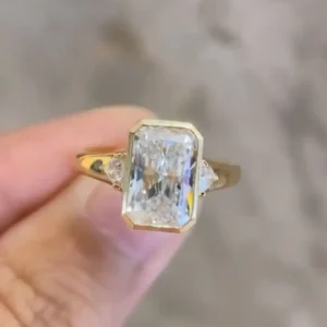 18K Yellow Gold Emerald Cut Three Lives Stone Diamond Ring