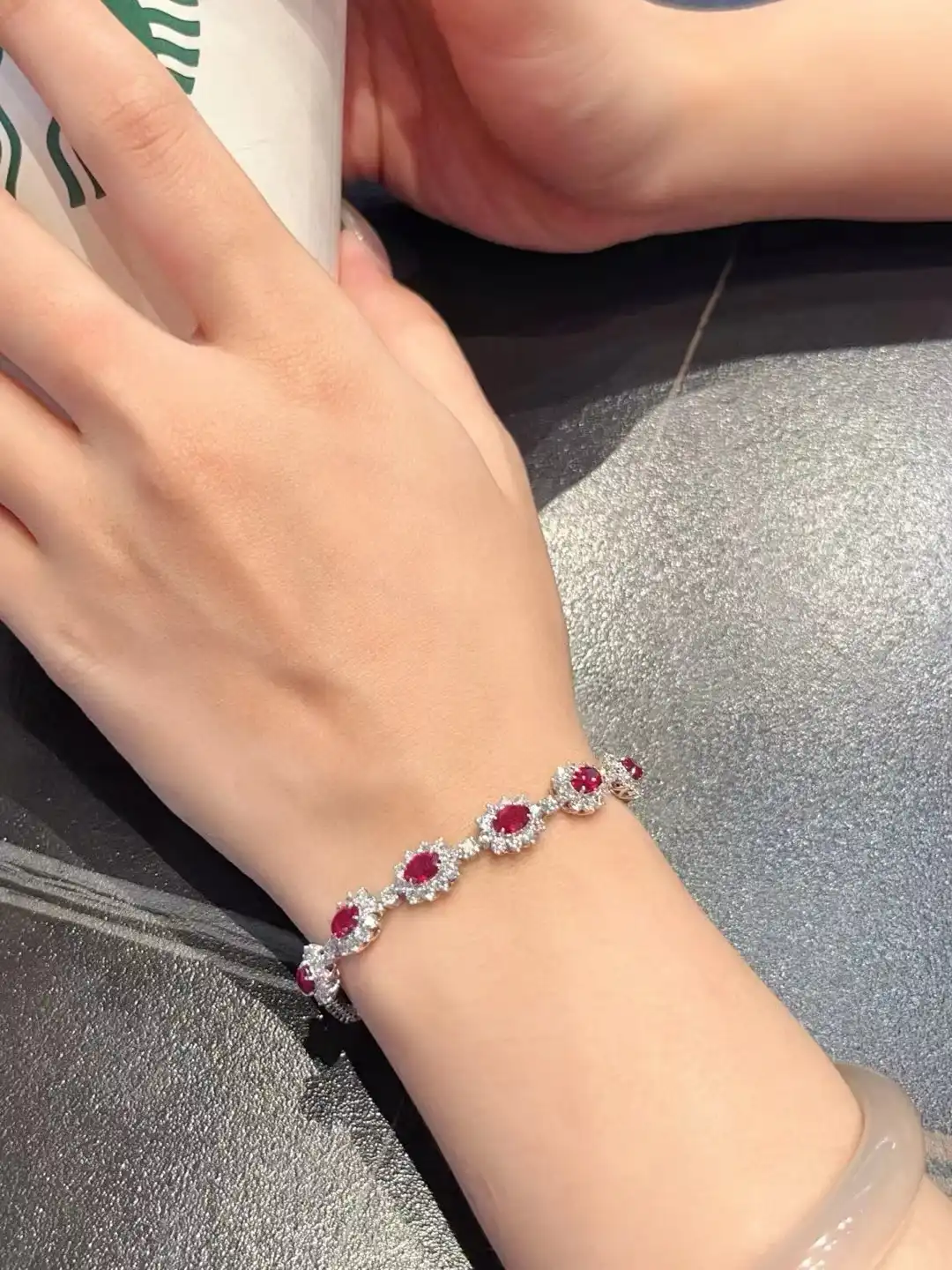 18K Cultured Sunflowe Full Diamond Bracelet with Ruby Accents - Image 4